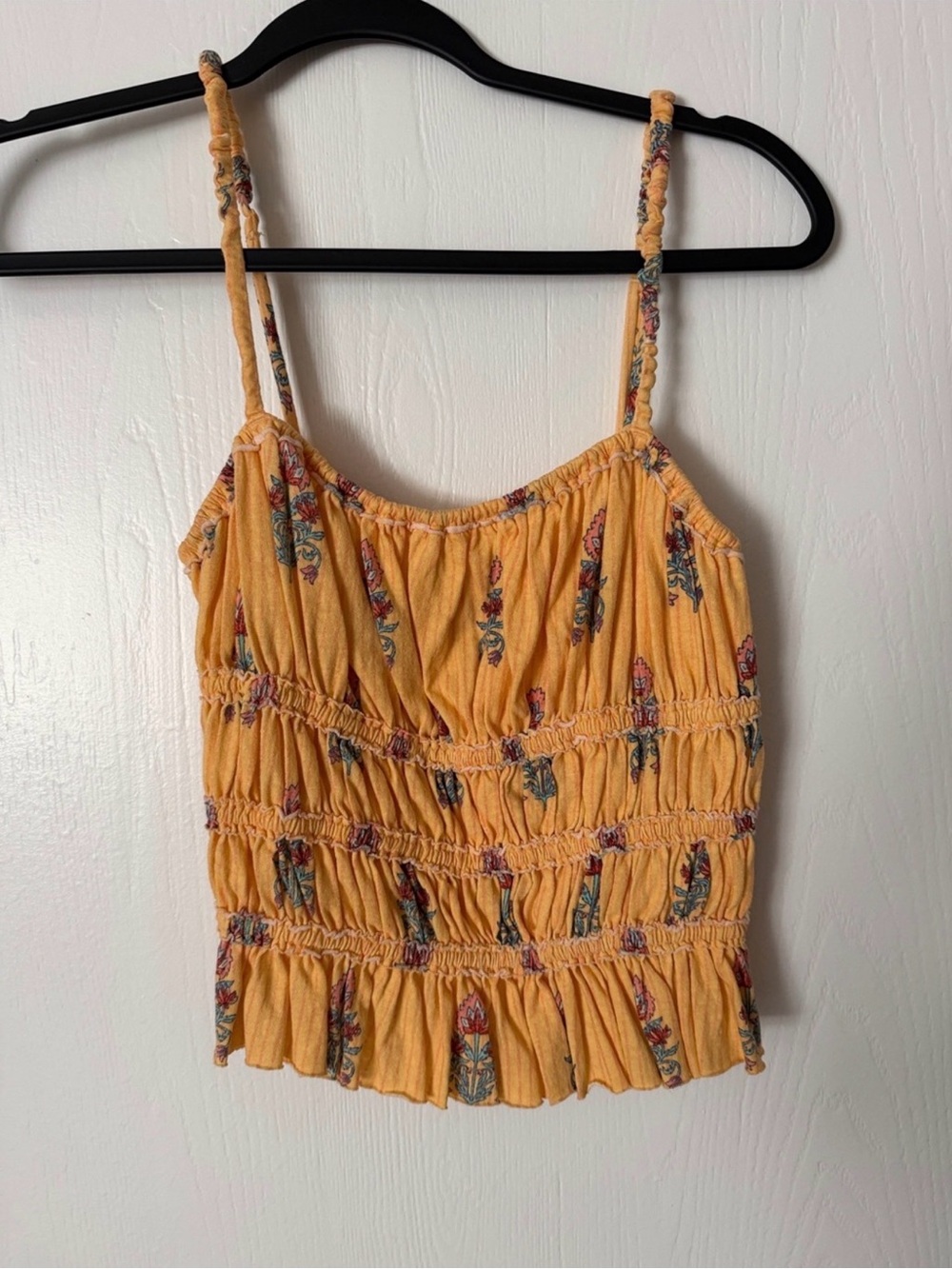 Free People Yellow Floral Smocked Spaghetti Strap Cami
